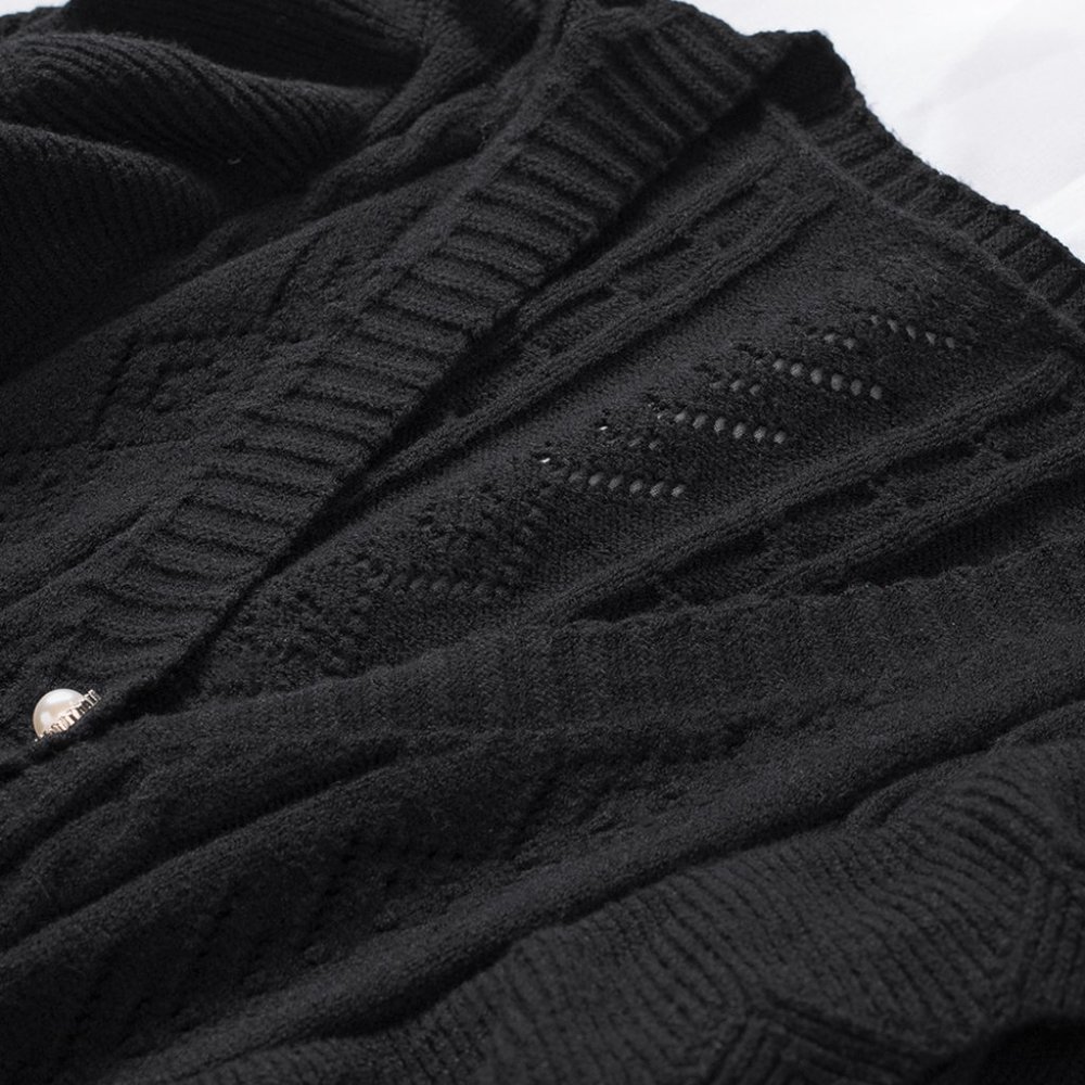 Black Ruffled Buttoned Open Front Knitted Sweater - Picture 10 of 16